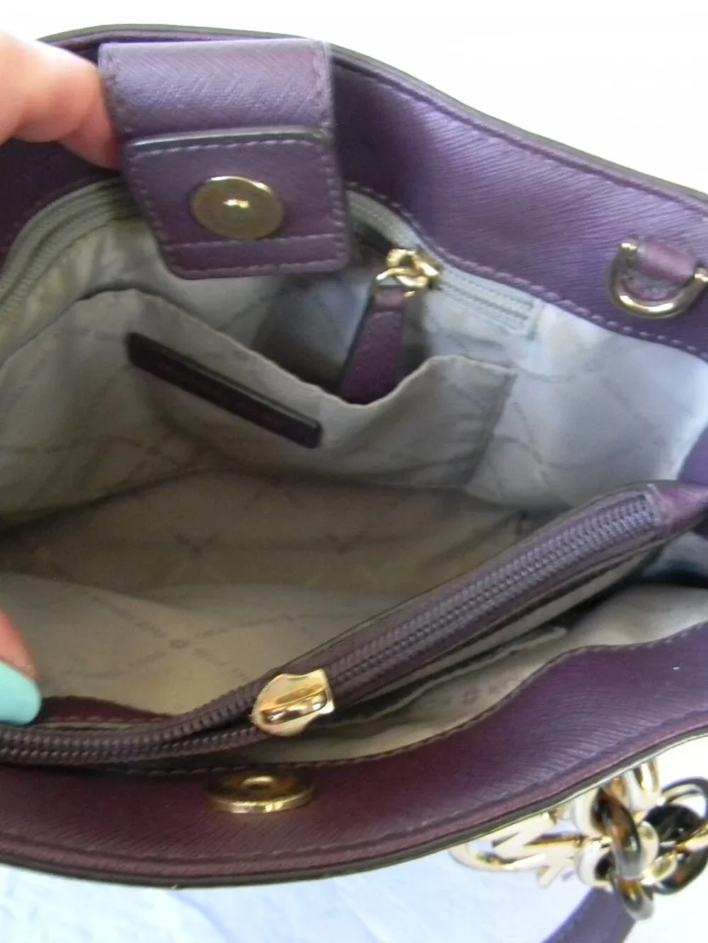 MICHAEL KORS PURPLE SAFFIANO LEATHER PERFORATED SOFIA MEDIUM SATCHEL